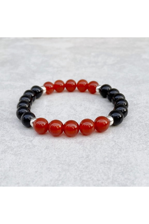Natural Red Carnelian & Black Obsidian 8mm Round Shape Smooth Cut Beads Stretchable Bracelet for Men & Women.