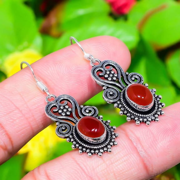Natural Red Carnelian Gemstone 925 Sterling Silver Gift Earring 1.77"