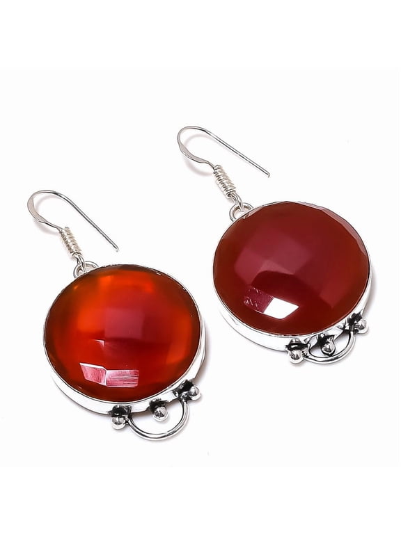 Natural Red Carnelian Gemstone Handmade 925 Sterling Silver Earring 1.97"