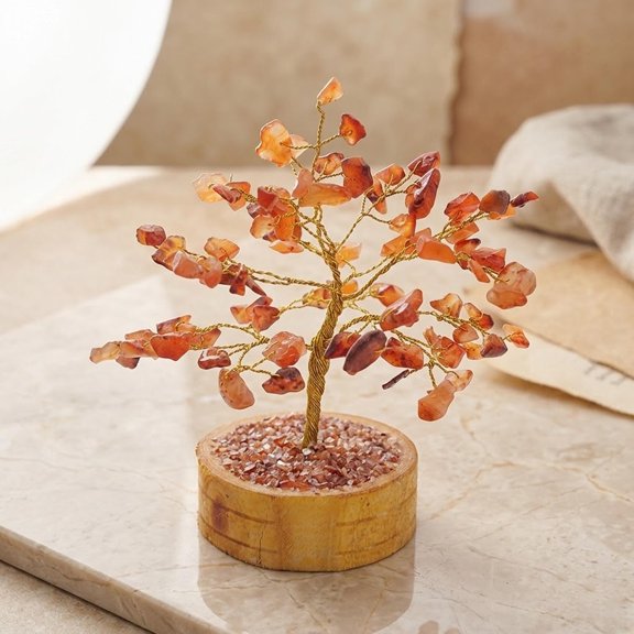 Natural Red Carnelian Gemstone Tree, Gold Wire Branches & Natural Stone Base