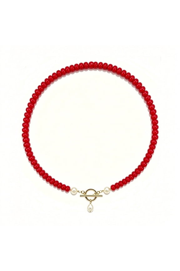 Natural Red Coral Beaded Choker Necklace with Teardrop Pearl Toggle Clasp Natural Stone Statement Jewelry for Women