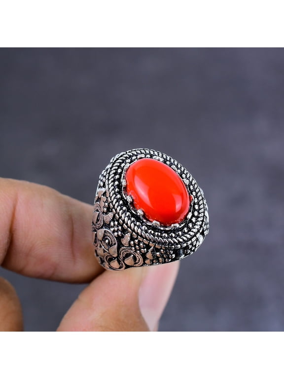Natural Red Coral Gemstone Handmade 925 Sterling Silver Gift Ring Size 10