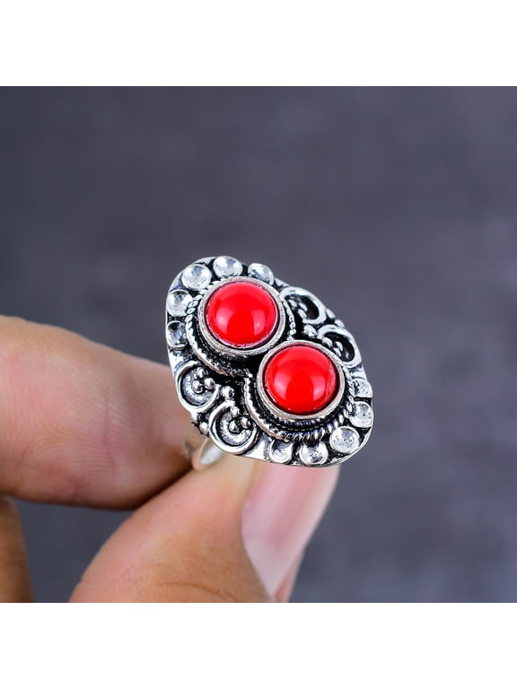 Natural Red Coral Gemstone Handmade 925 Sterling Silver Jewelry Ring Size 7