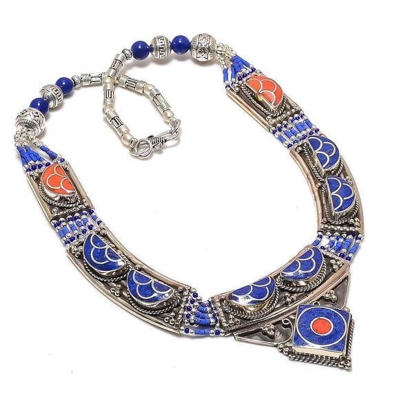 Natural Red Coral, Lapis Gemstone Handmade Jewelry Necklace 18"