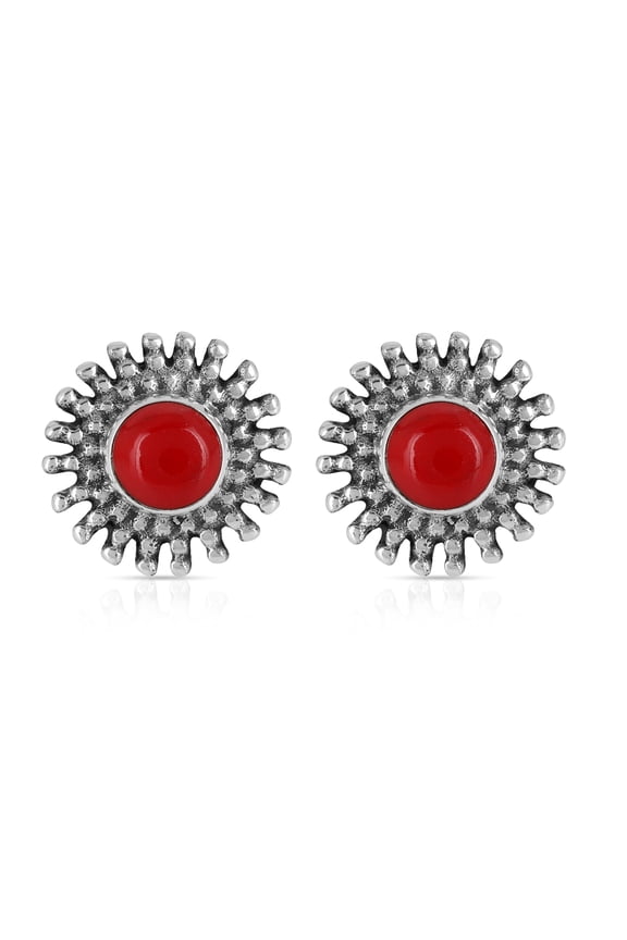 Natural Red Coral Round Stud Earrings in 925 Sterling Silver Handmade 5.5mm Bezel-Set Gemstones with Push Back Minimalist Jewelry Gift for Women