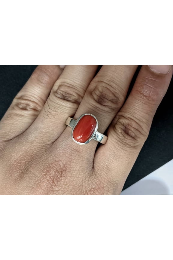 Natural Red Coral Silver Ring | Certified Moonga Mangal Dosh Mars Planet Birthstone | Oval 4-10 Carat/Ratti Organic Stone | Vedic Astrology