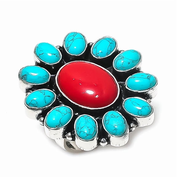 Natural Red Coral, Turquoise 925 Sterling Silver Jewelry Ring Size 7.5