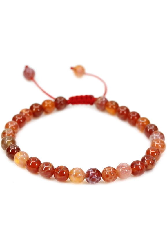 Natural Red Crab Fire Agate Gemstone 6mm Round Beads Adjustable Braided Macrame Tassels Chakra Reiki Bracelets 7-9 inch Unisex