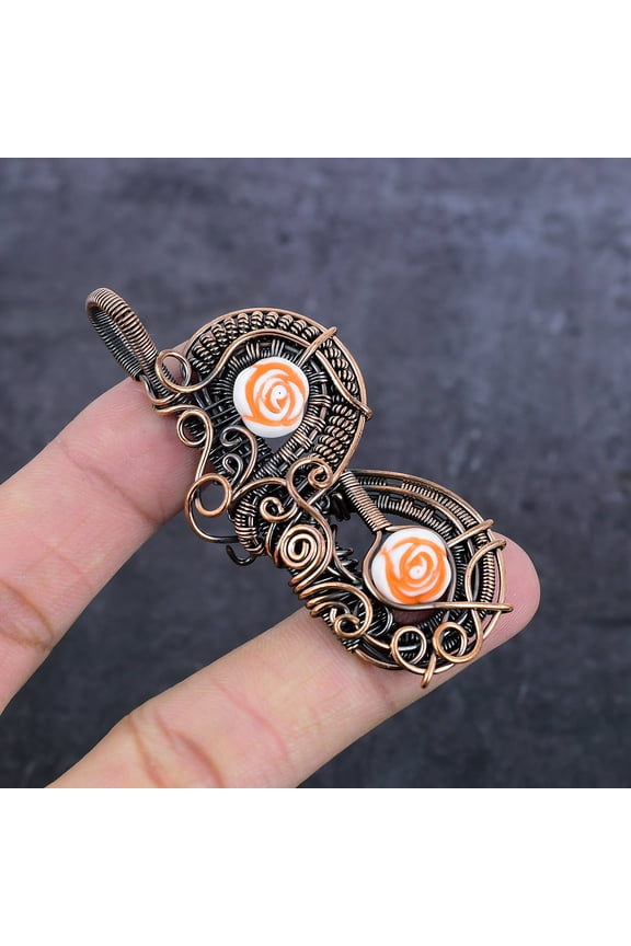 Natural Red Flower Gemstone Handmade Copper Wire Wrap Jewelry Pendant 2.96"