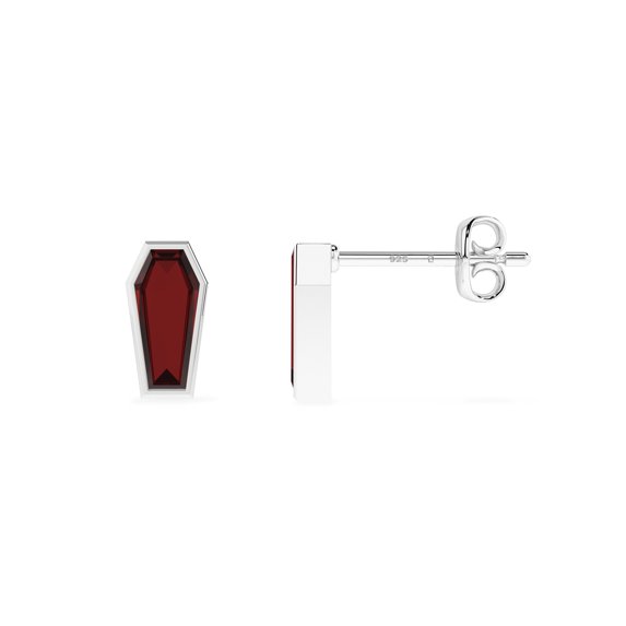 Natural Red Garnet Coffin Shape Stud Earrings in Sterling Silver for Women, January Birthstone Jewelry for Her Birthday, Wedding Anniversary, Christmas, Mothers Day
