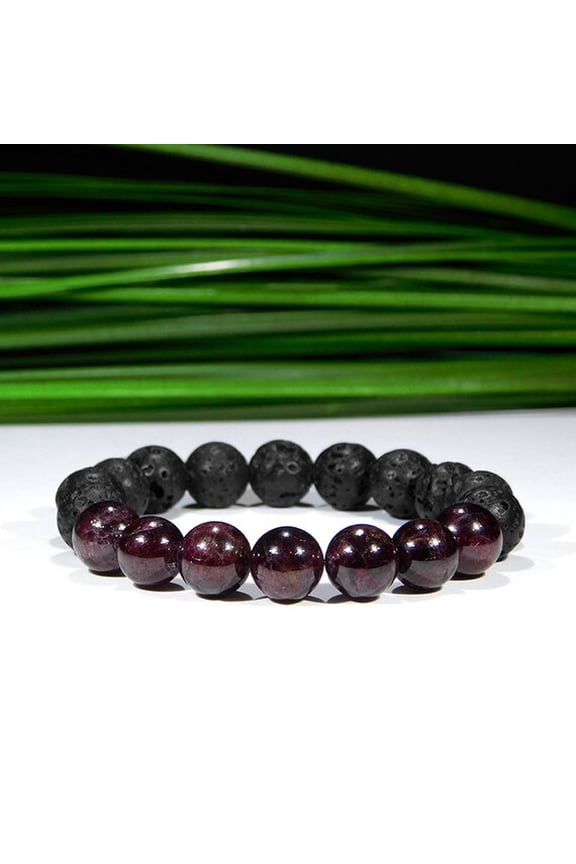 Natural Red Garnet & Lava Rock 10mm Round Shape Smooth Cut Beads Stretchable Bracelet for Men & Women.