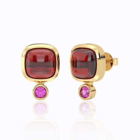 Natural Red Garnet & Pink Garnet Stud Earrings | 14K Gold Plated Elegant Gemstone Jewelry