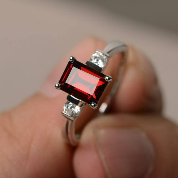 Natural Red Garnet Ring Wedding Ring January Birthstone Ring Emerald Cut Red Gemstone Ring