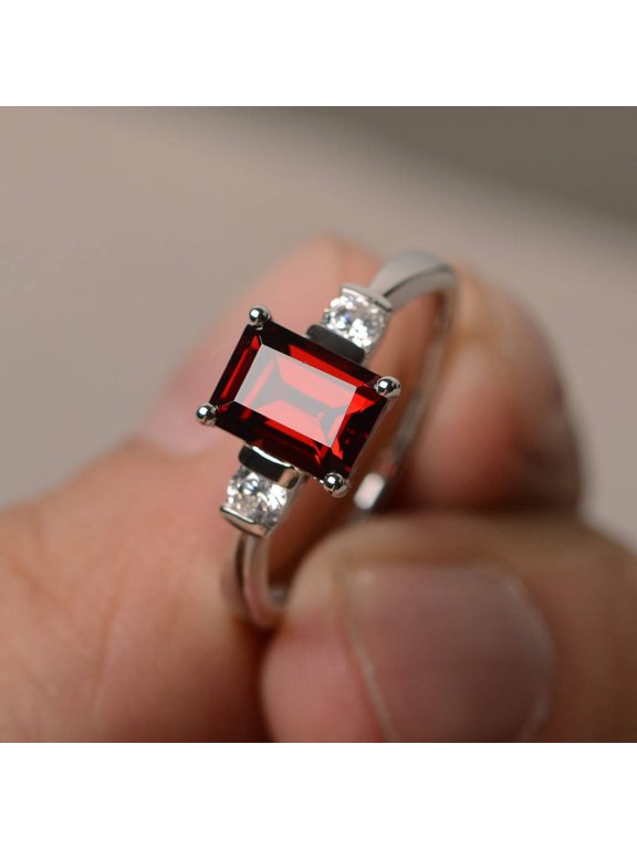 Natural Red Garnet Ring Wedding Ring January Birthstone Ring Emerald Cut Red Gemstone Ring
