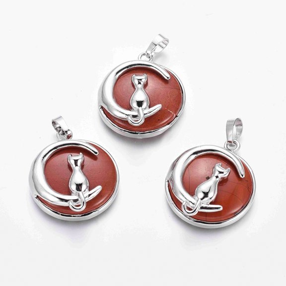 Natural Red Jasper Kitten Pendants with Platinum Tone Brass Findings Flat Round with Cat & Crescent Moon Shape 32x28x9mm Hole: 5x7mm