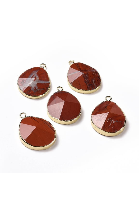 Natural Red Jasper Pendants with Brass Findings Faceted Drop Golden 31~35x20~25x7~9mm Hole: 2.5mm Diy