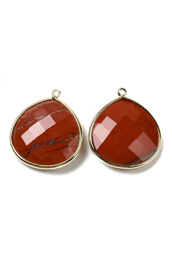 Natural Red Jasper Pendants with Golden Brass Edge Faceted Undyed Teardrop 28x25x6mm Hole: 1.6mm