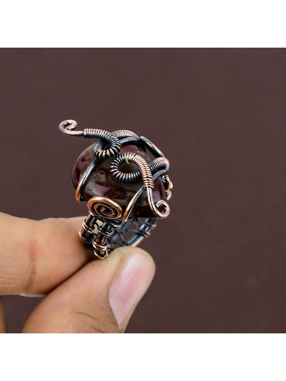 Natural Red Labradorite Gemstone Handmade Copper Wire Wrap Ring Size 9