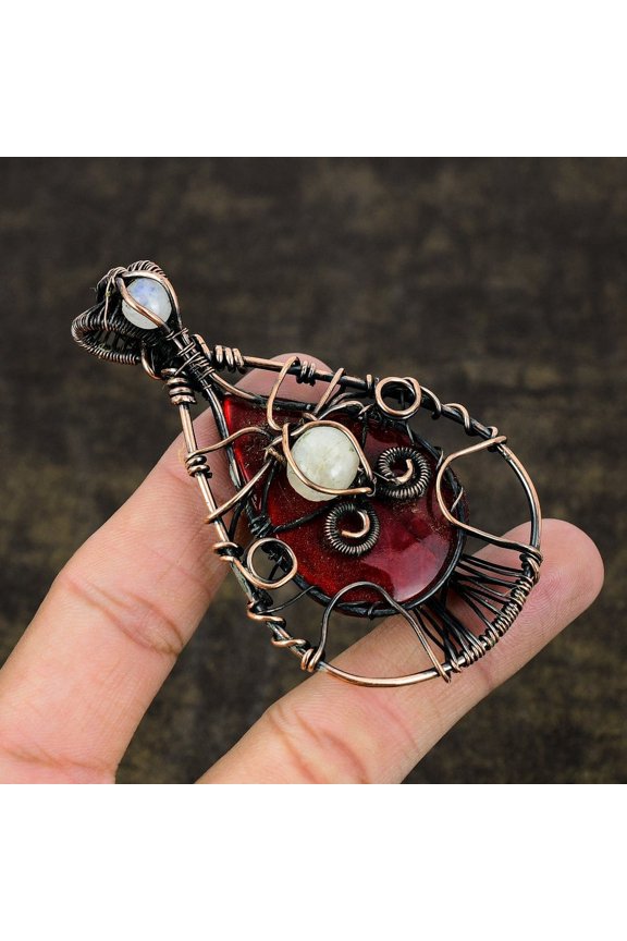 Natural Red Labradorite, Moonstone Gemstone Copper Wire Wrap Pendant 3.23"