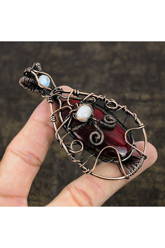 Natural Red Labradorite, Moonstone Gemstone Copper Wire Wrap Pendant 3.46"