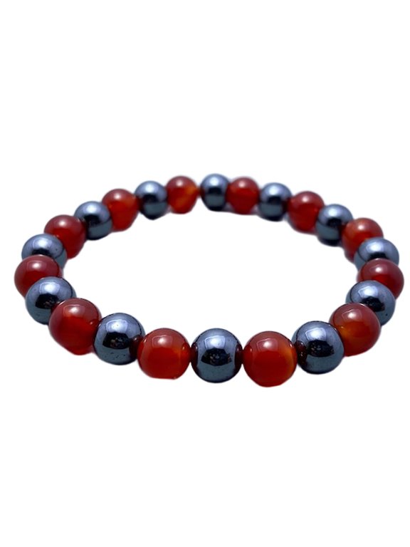 Natural Red Onyx & Hematite 8mm Round Shape Smooth Cut Beads Stretchable Bracelet For Men & Women. Unisex Bracelet