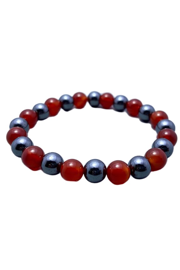 Natural Red Onyx & Hematite 8mm Round Shape Smooth Cut Beads Stretchable Bracelet For Men & Women. Unisex Bracelet