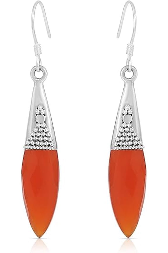 Natural Red Onyx Marquise Dangle Earrings in 925 Sterling Silver – Handmade Bezel-Set Red Gemstones with Fish Hook Backs, Jewelry Gift for Women