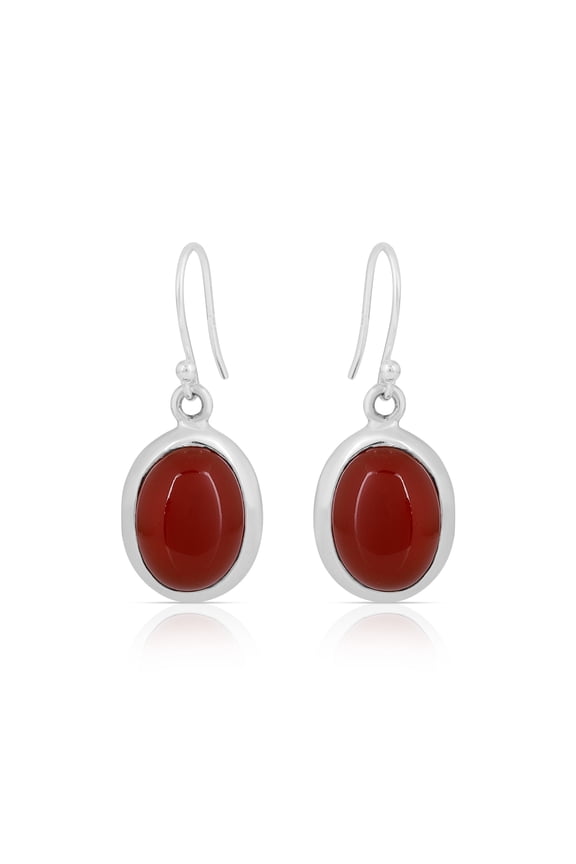 Natural Red Onyx Oval Dangle Earrings in 925 Sterling Silver – Handmade Bezel-Set Gemstones with Fish Hook Backs, Jewelry Gift for Women