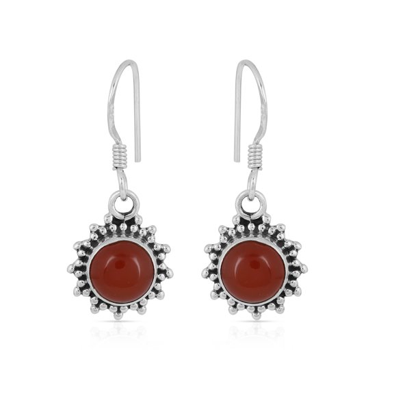Natural Red Onyx Round Dangle Earrings in 925 Sterling Silver – Handmade Bezel-Set Gemstones with Fish Hook Backs, Jewelry Gift for Women