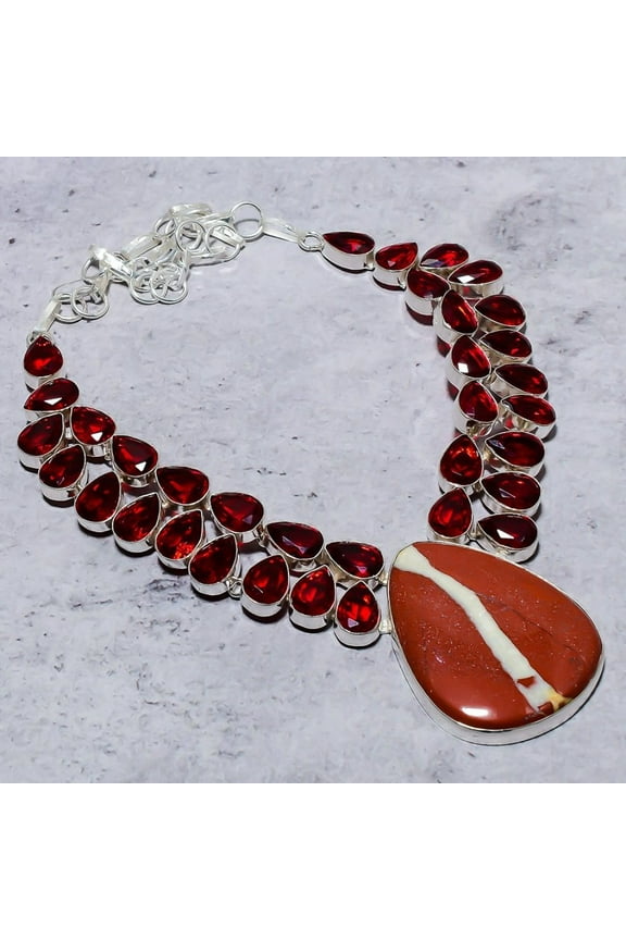 Natural Red River Jasper, Garnet Gemstone 925 Sterling Silver Necklace 18"