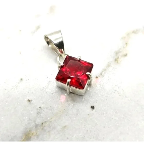 Natural Red Ruby 19 Ct Princess Cut 925 Sterling Silver Certified Pendant