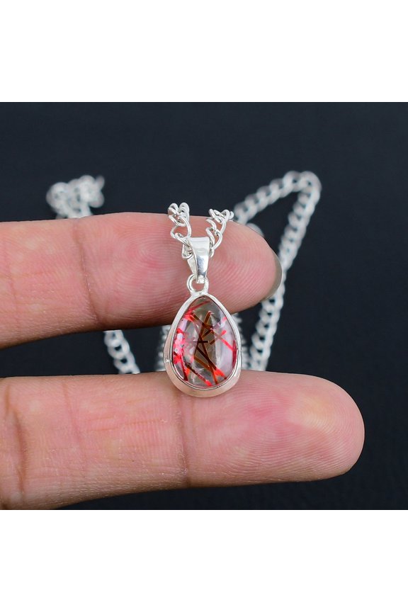 Natural Red Rutile S-Lock Pendant Handcrafted 925 Sterling Silver, Fine Polished, Modern Chain, Wedding & Bridal Gift