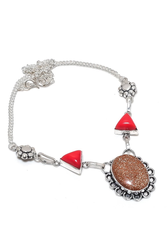 Natural Red Sunstone, Coral 925 Sterling Silver Jewelry Necklace 18"