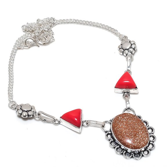 Natural Red Sunstone, Coral 925 Sterling Silver Jewelry Necklace 18"