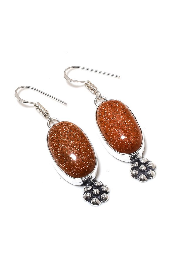 Natural Red Sunstone Gemstone Handmade 925 Sterling Silver Earring 2.05"