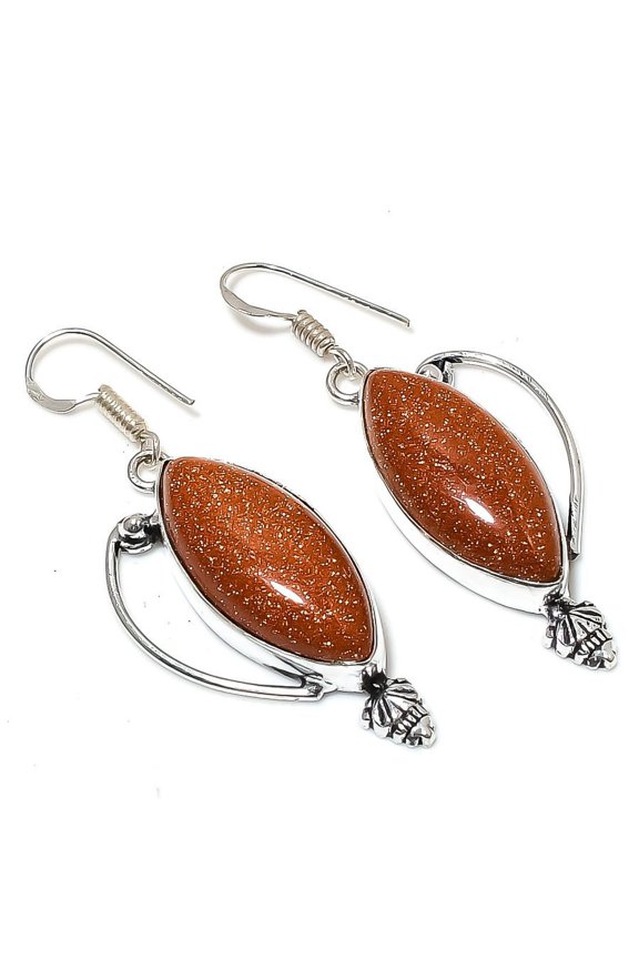 Natural Red Sunstone Gemstone Handmade 925 Sterling Silver Earring 2.21"