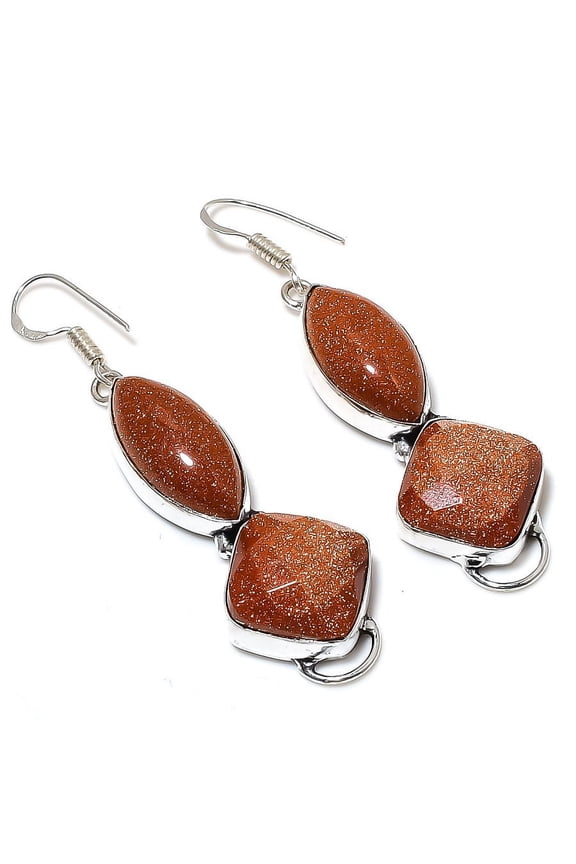 Natural Red Sunstone Gemstone Handmade 925 Sterling Silver Earring 2.68"