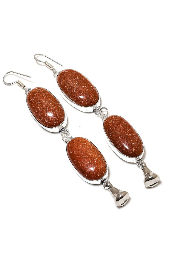 Natural Red Sunstone Gemstone Handmade 925 Sterling Silver Earring 4.33"
