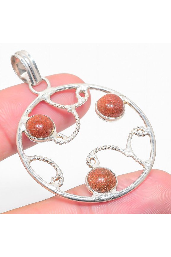 Natural Red Sunstone Gemstone Handmade 925 Sterling Silver Pendant 2.09"