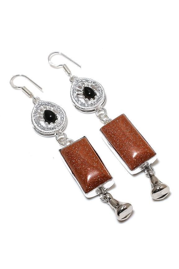 Natural Red Sunstone,Onyx Gemstone 925 Sterling Silver Gift Earring 3.74"