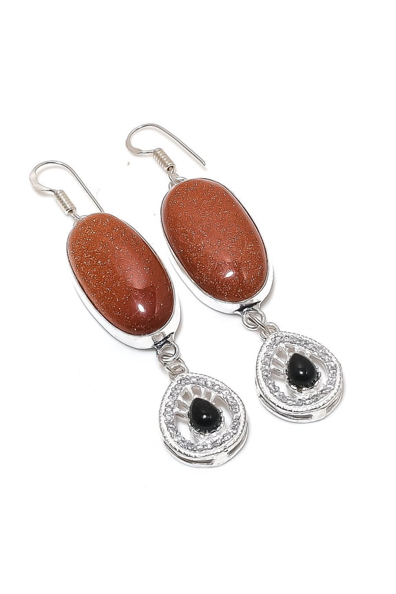 Natural Red Sunstone, Spinel 925 Sterling Silver Jewelry Earring 3.07"