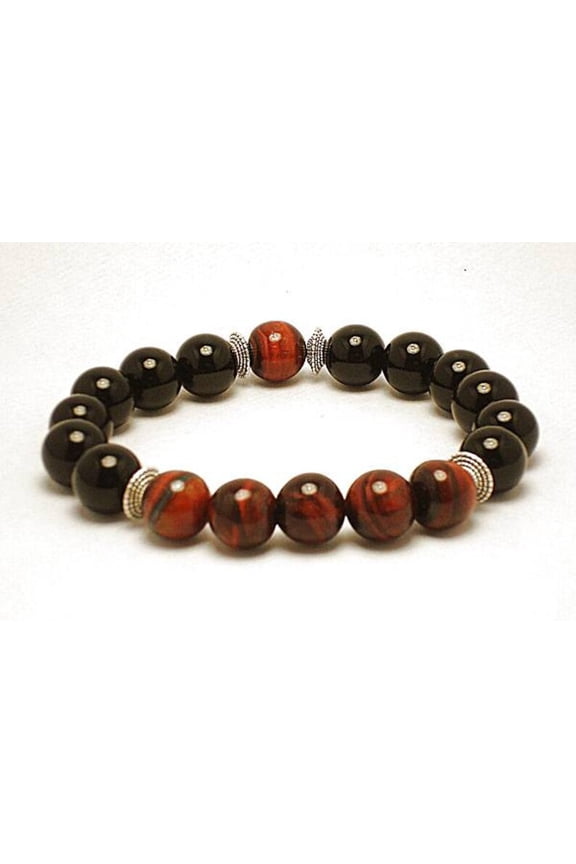 Natural Red Tigers Eye & Black Onyx 8mm Round Shape Smooth Cut Beads Stretchable Bracelet for Men & Women.