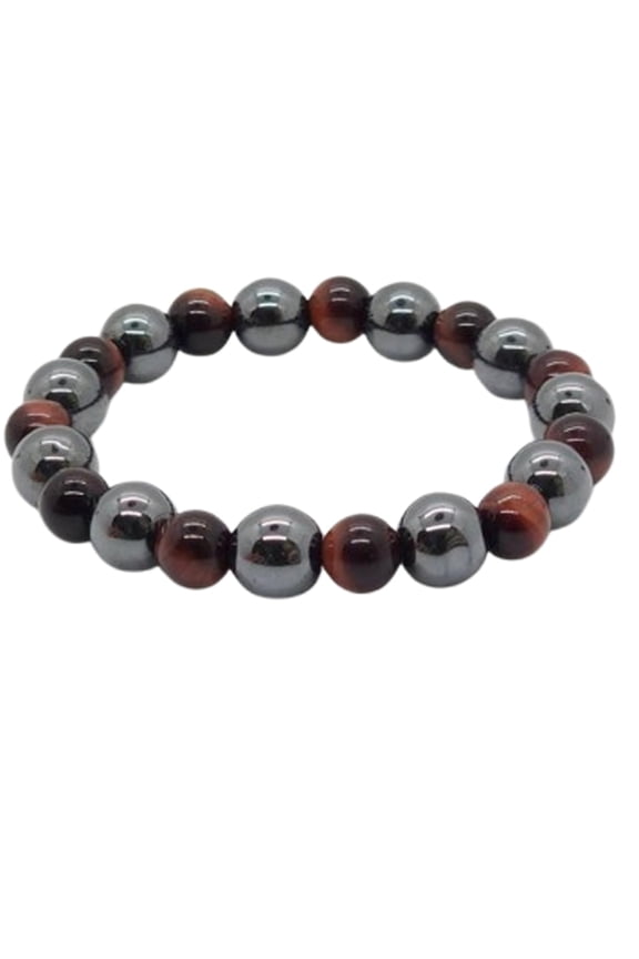 Natural Red Tigers Eye & Hematite 8-10mm Round Shape Smooth Cut Beads Stretchable Bracelet For Men & Women. Unisex Bracelet