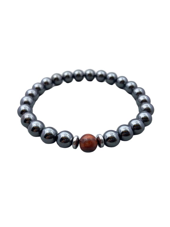 Natural Red Tigers Eye & Hematite 8mm Round Shape Smooth Cut Beads Stretchable Bracelet For Men & Women. Unisex Bracelet