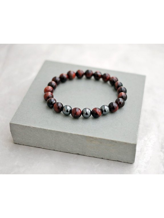 Natural Red Tigers Eye & Hematite 8mm Round Shape Smooth Cut Beads Stretchable Bracelet for Men & Women.