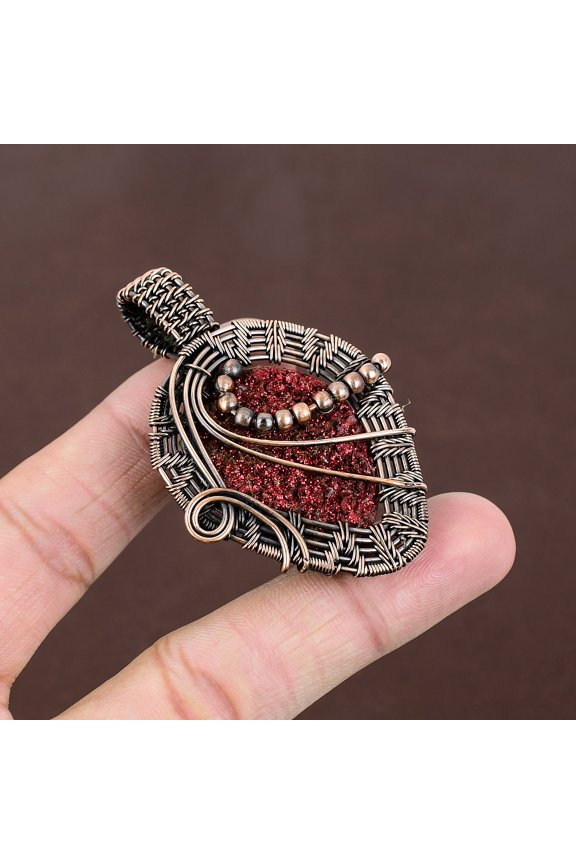 Natural Red Titanium Druzy Gemstone Handmade Copper Wire Wrap Pendant 2.44"