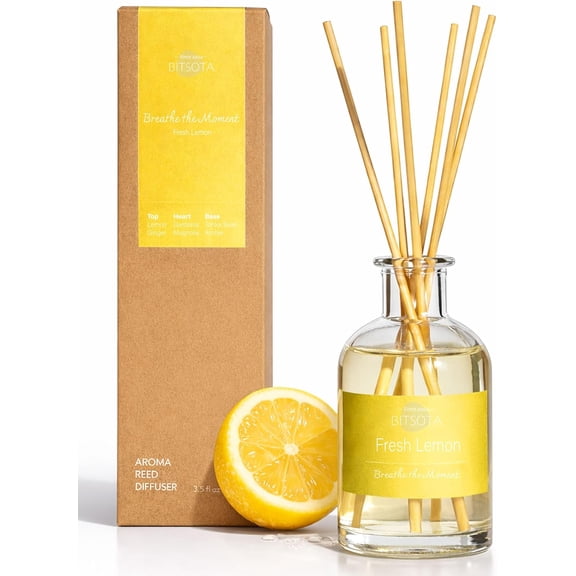 Natural Reed Diffuser Set, Fresh Lemon 3.52 oz (100ml) Scented Diffuser with Sticks Home Fragrance Reed Diffuser for Bathroom Shelf Decor, Ideal Gift for Woman