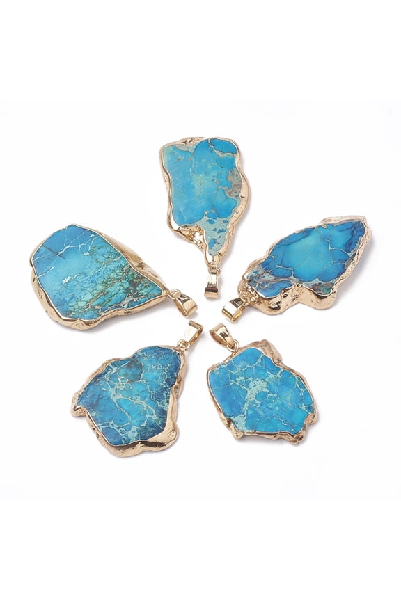 Natural Regalite/Imperial Jasper/Sea Sediment Jasper Pendants with Golden Tone Iron Findings Dyed Deep Sky Blue 35~50x20~40x5~6mm Hole: 4x6mm DIY