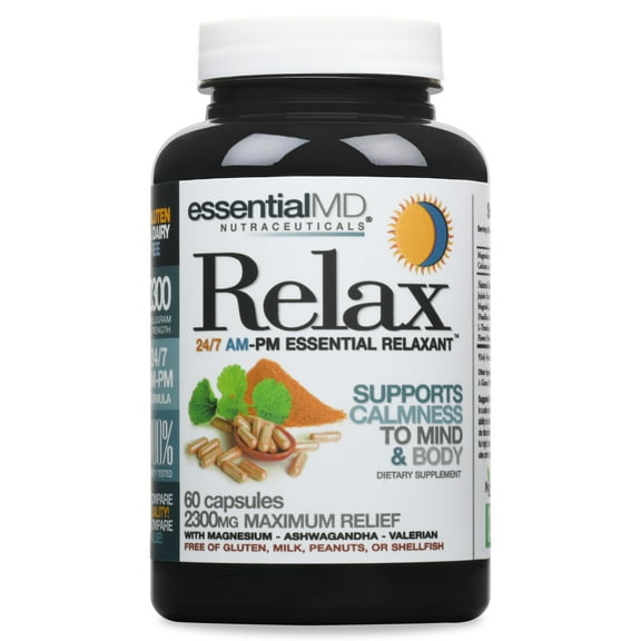 Natural Relax Essentials Day or Night Support by EssentialMD 2,300 mg Maximum Strength for Stress Balance, Muscle Ease, and Tension Relief
