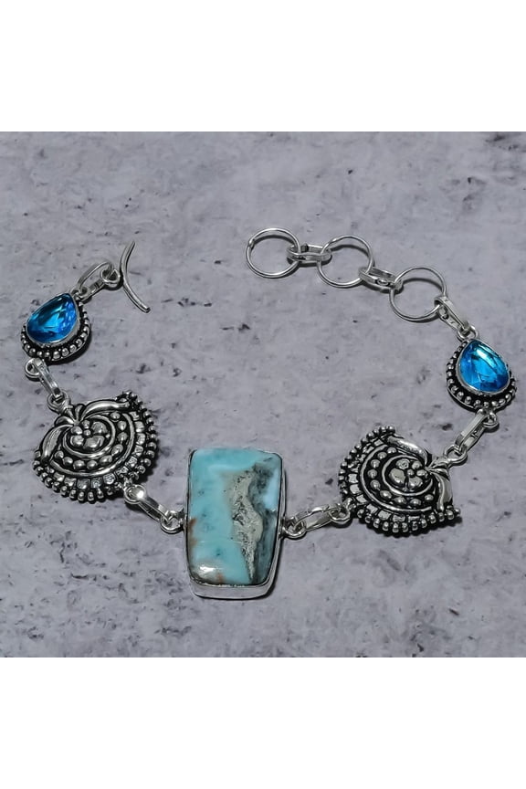 Natural Republic Larimar,Blue Topaz Stone 925 Sterling Silver Bracelet 7-8"